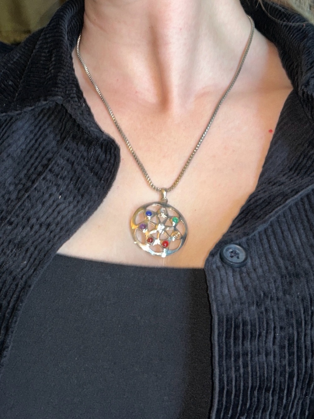 Sterling Silver Multistone Mandala Pendant Necklace - Silver